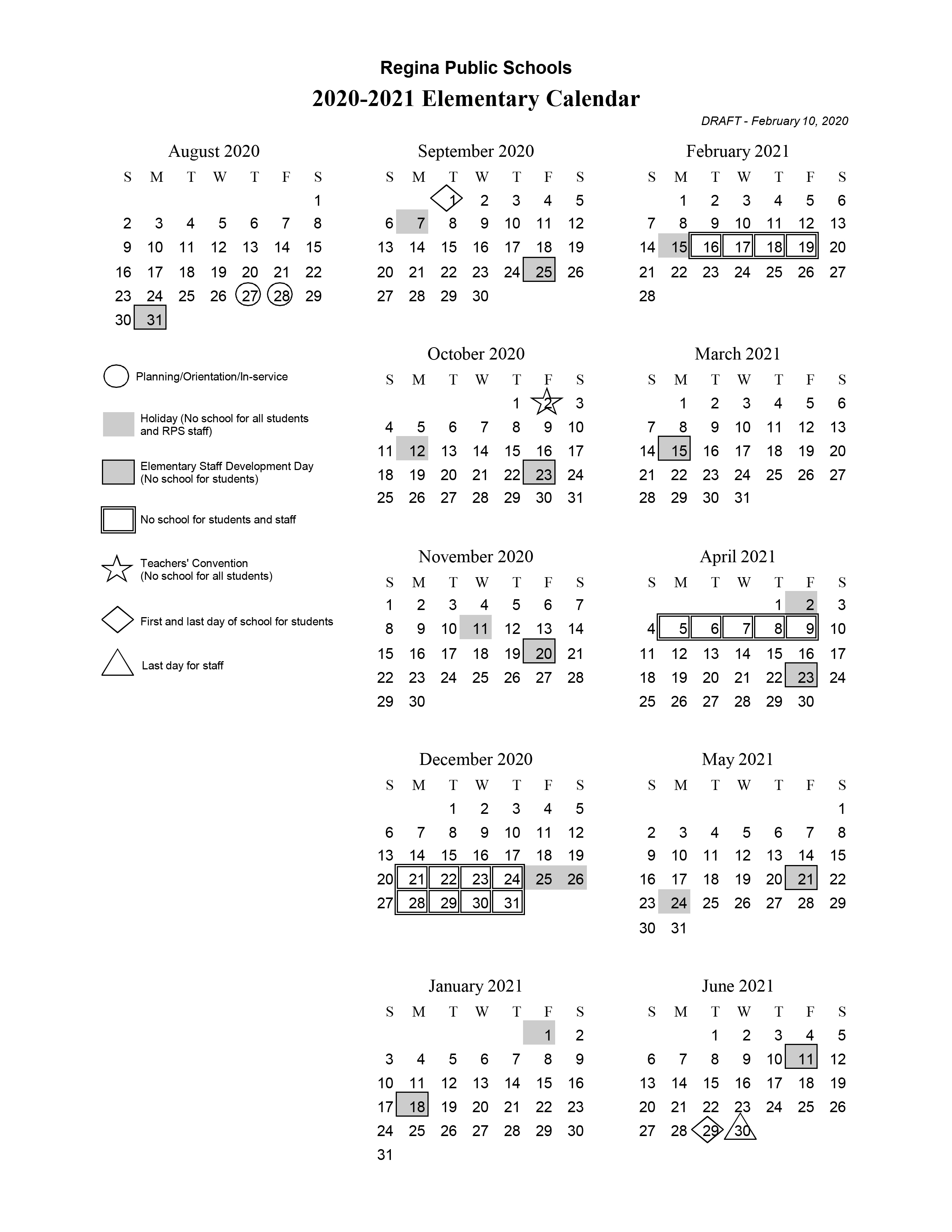 Elementary Calendar 202021 Regina Public Schools